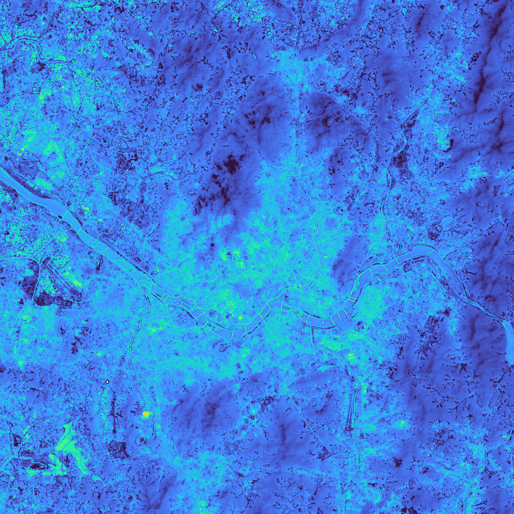 Simulated surface temperature over 50 × 50 km of Seoul at 04:00; 50 m display preview of the 10 m output