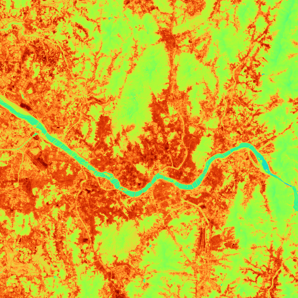 Simulated surface temperature over the same area at 12:00, using the same 10–50°C colour range
