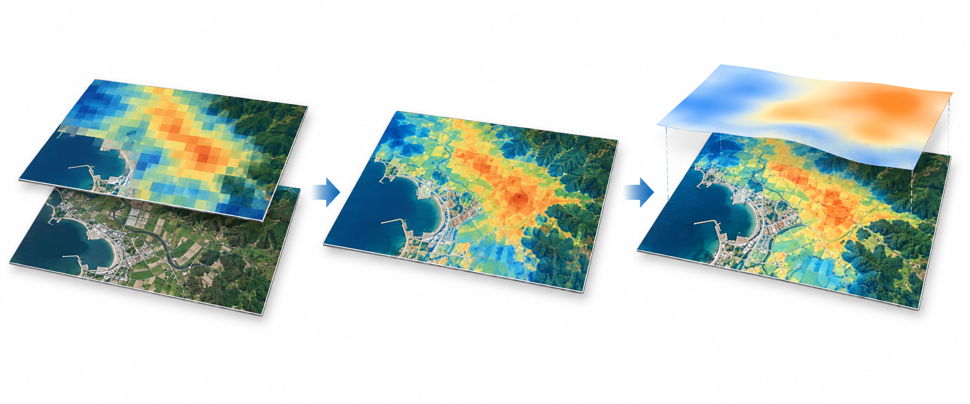AI-generated concept diagram of combining Landsat temperature with Sentinel optical imagery, predicting fine-scale temperature and adding a smooth residual correction field
